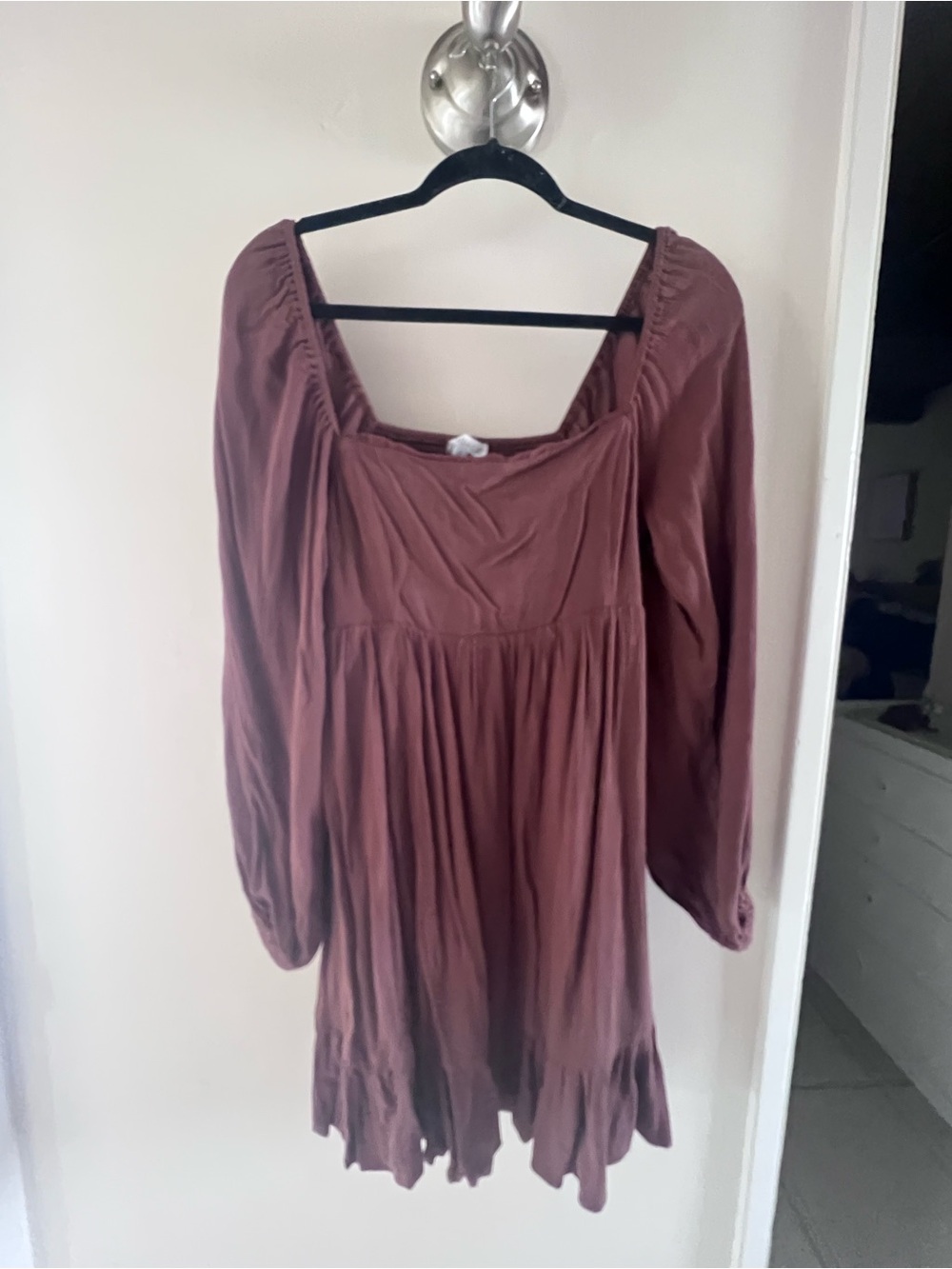 Women's Long Puff Sleeve Square Neck Dress in Brown